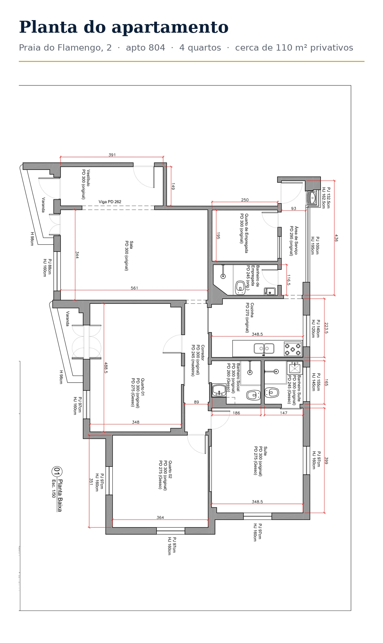 Planta baixa do apartamento 804 na Praia do Flamengo, 2: 4 quartos, suíte, dependência e 2 varandas